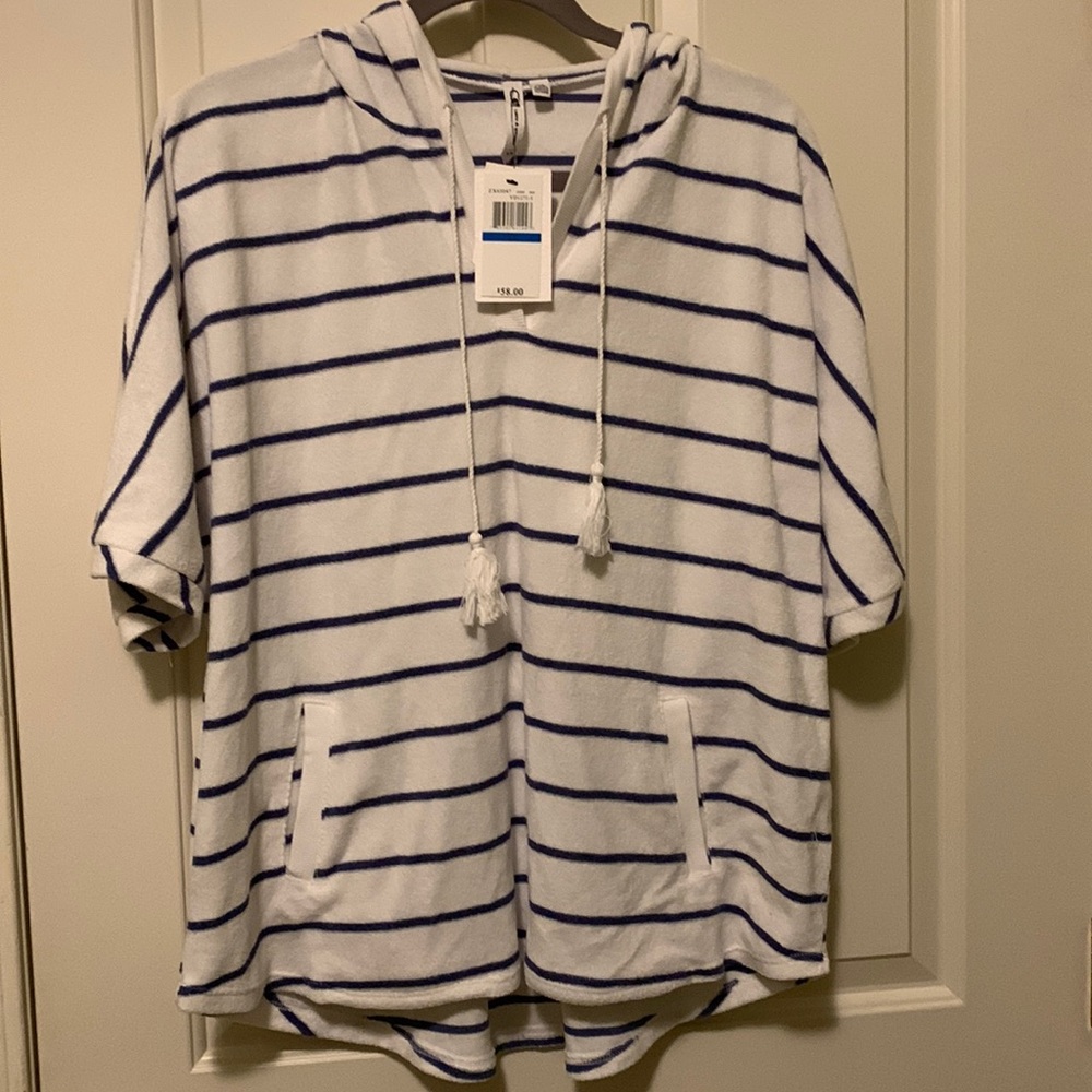 Cable & Gauge Terry Cloth Feel Short Sleeve Hoodie XL Tassel Ties NWT